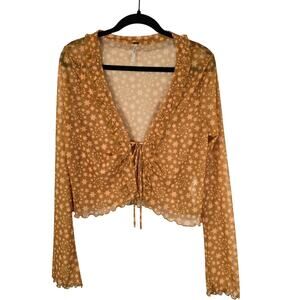 Free People Marne Sheer Mesh Top Women's L Yellow Star Print Boho Casual Beachy